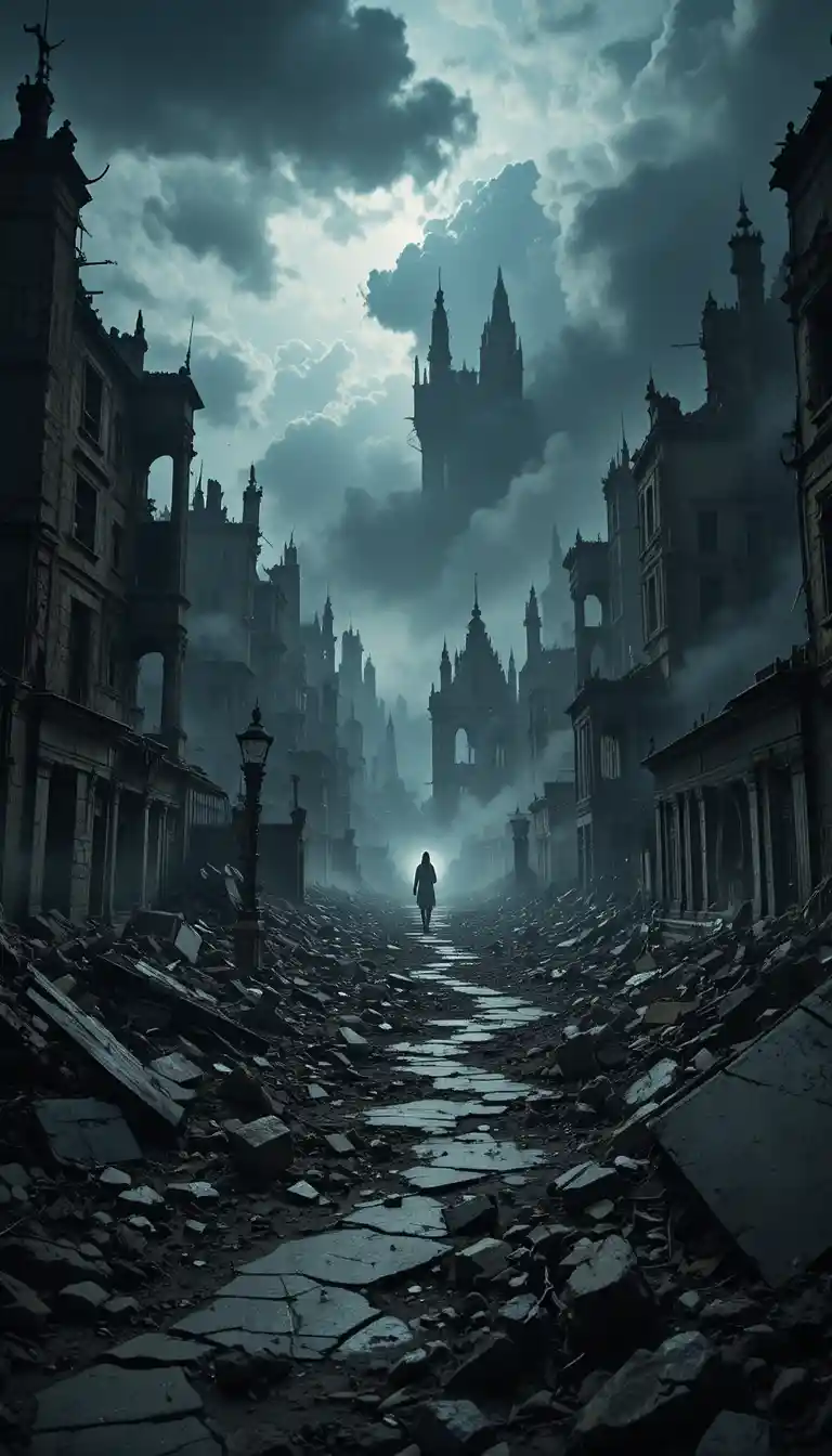 Ominous Post Apocalyptic City Ruins Under Stormy Sky