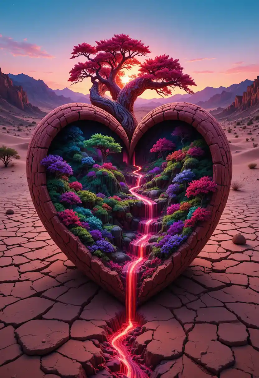 Surreal red heart oasis rising from cracked desert