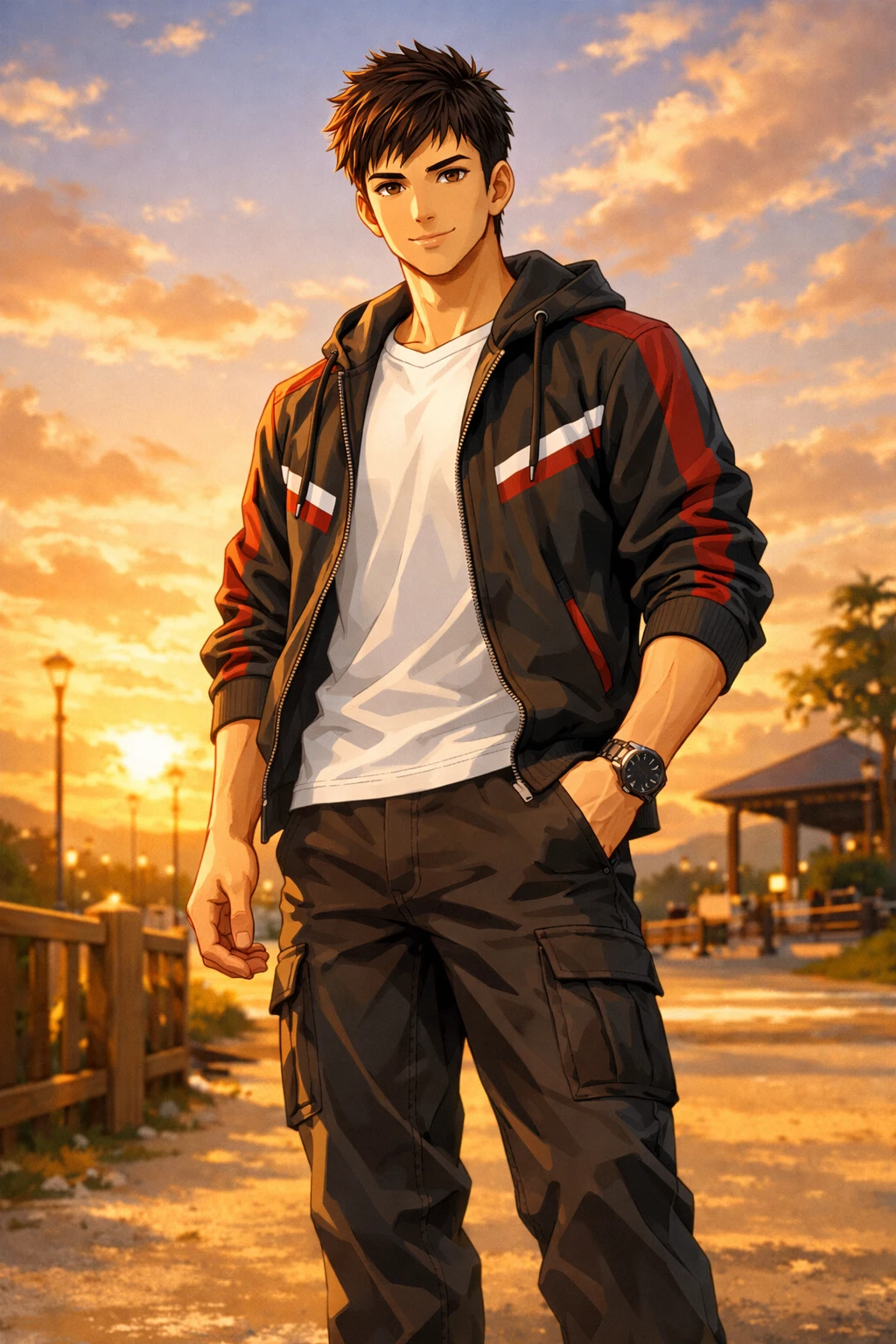 Confident anime man at sunset in a sunny open space