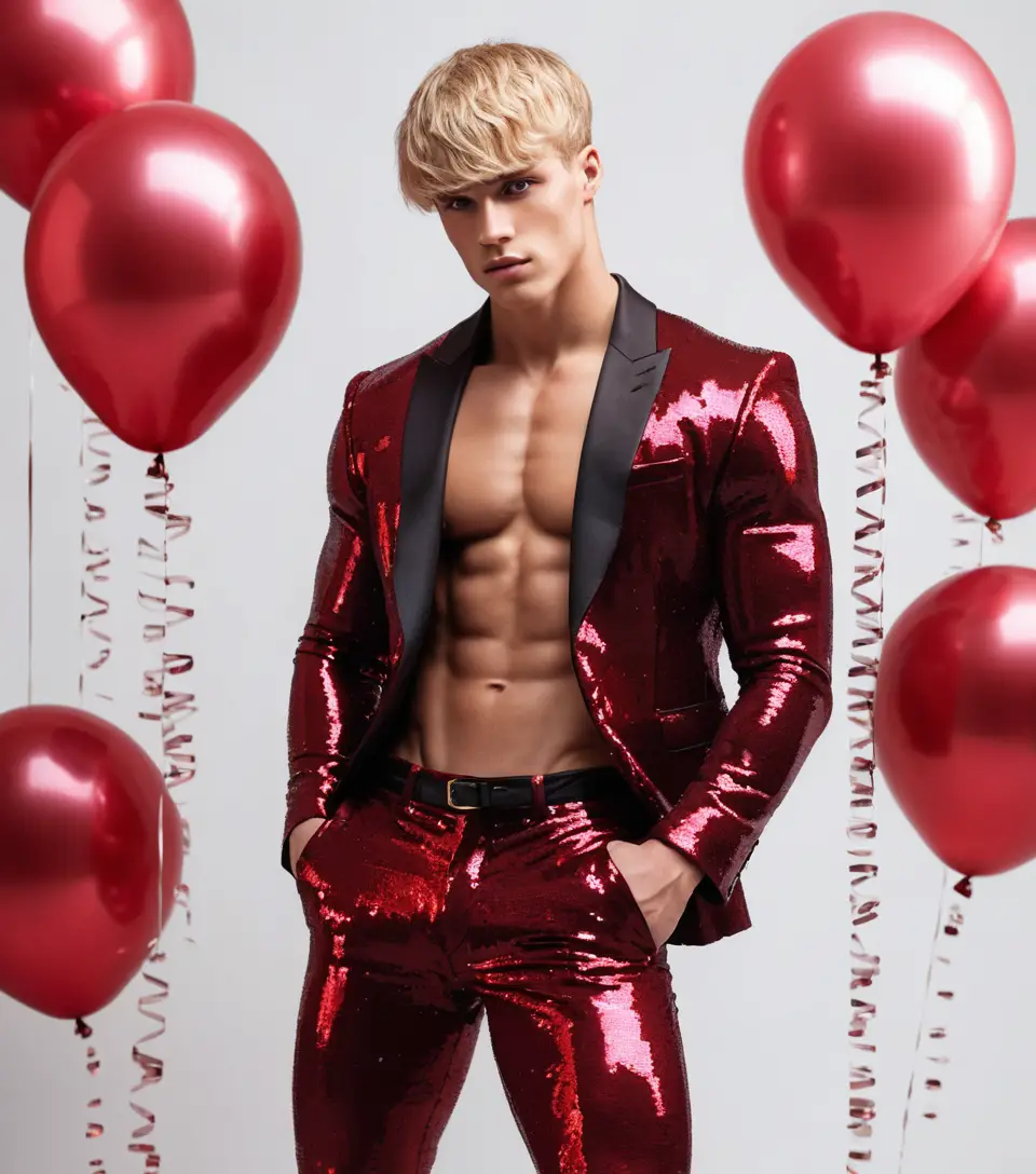 Fit blond man in sequined suit posing at valentine party