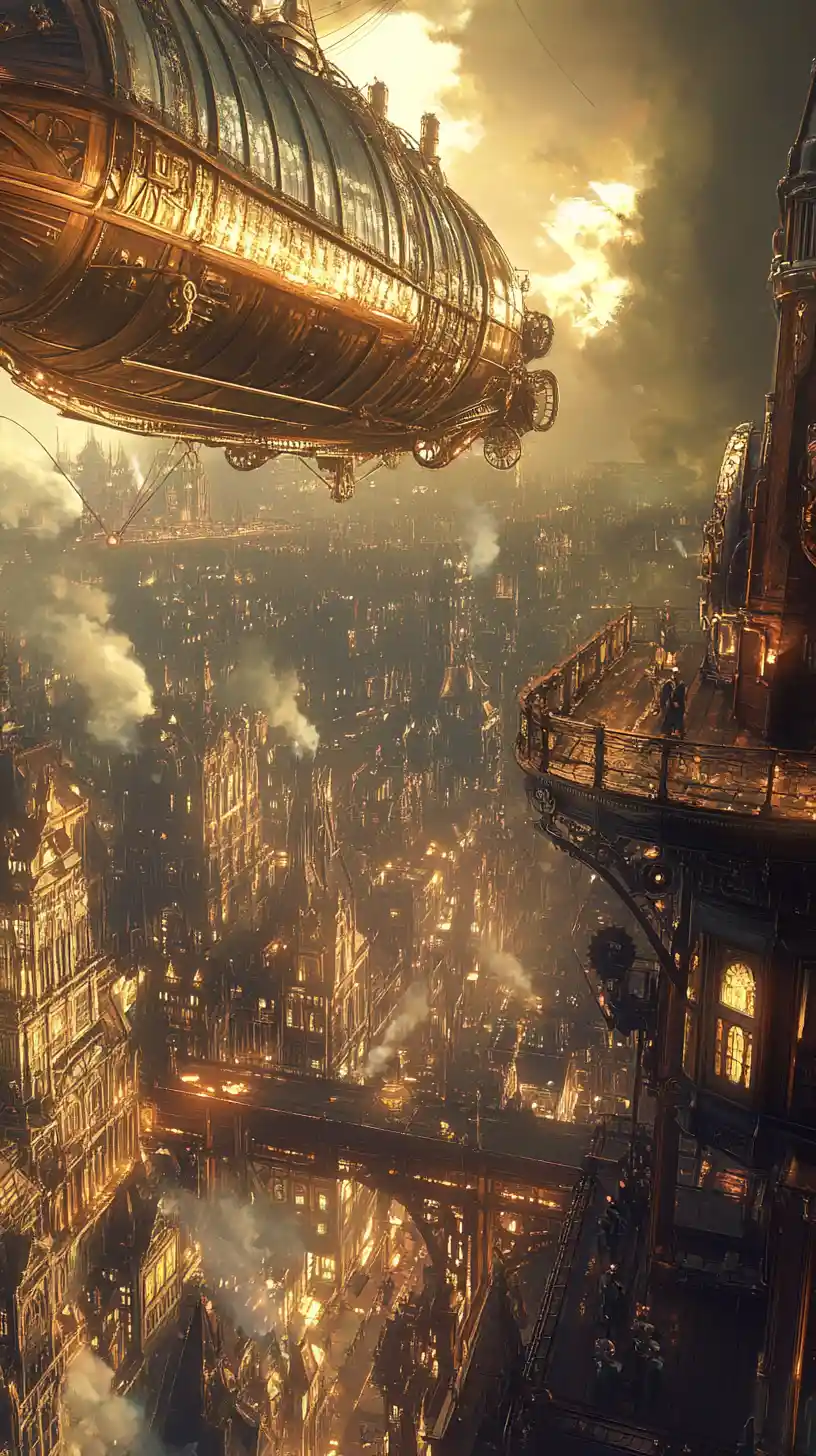 Steampunk airship overlooking a glowing victorian metropolis
