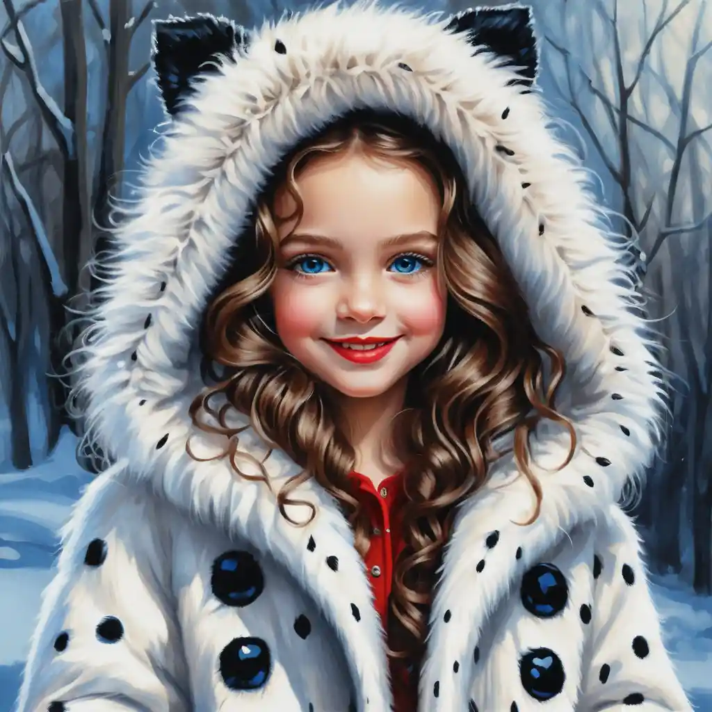 Smiling winter girl in spotted white fur hooded coat