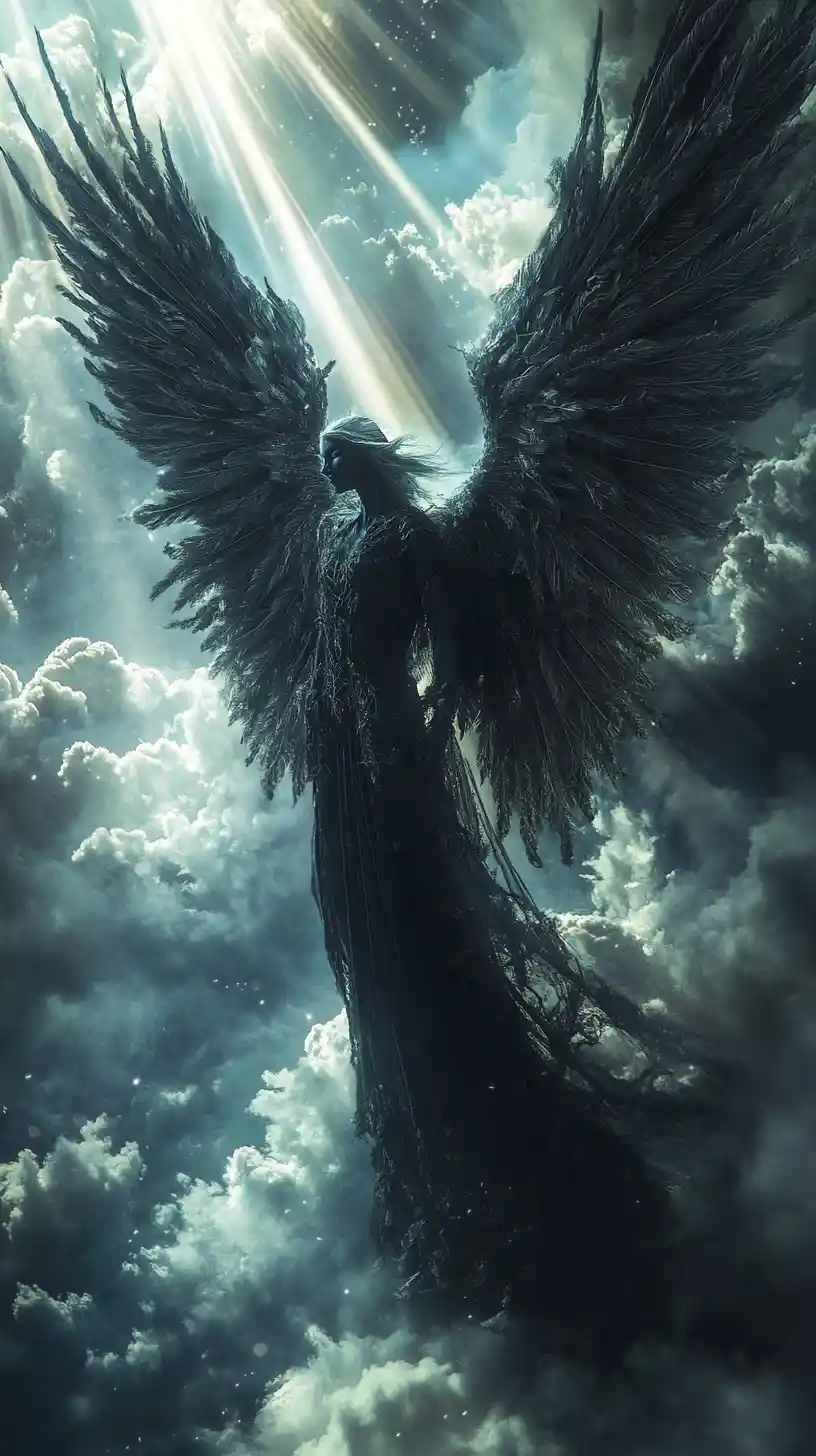Winged ebony angel in clouds with dramatic backlight