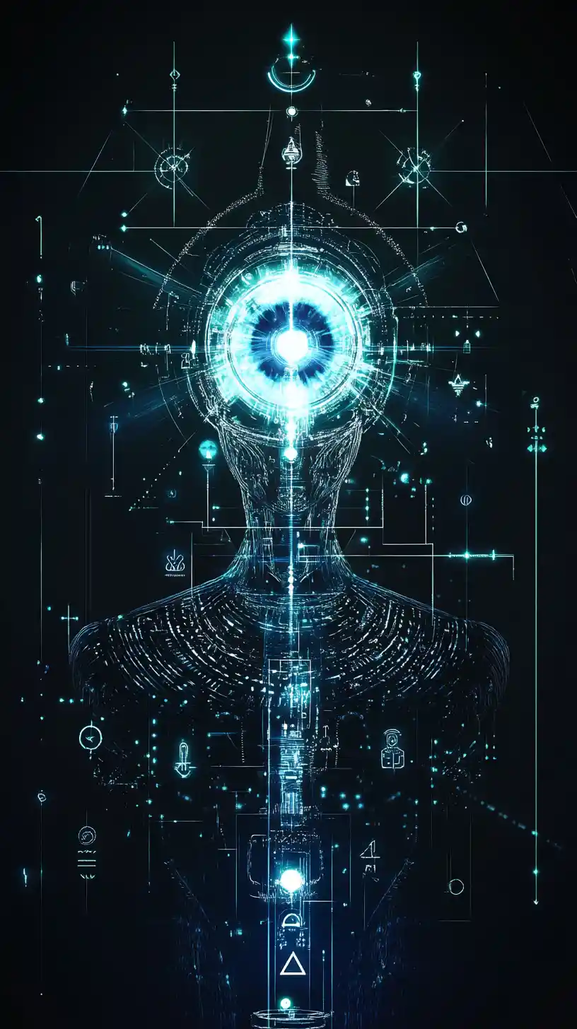 Kemetic sci fi AI core with holographic interface rings