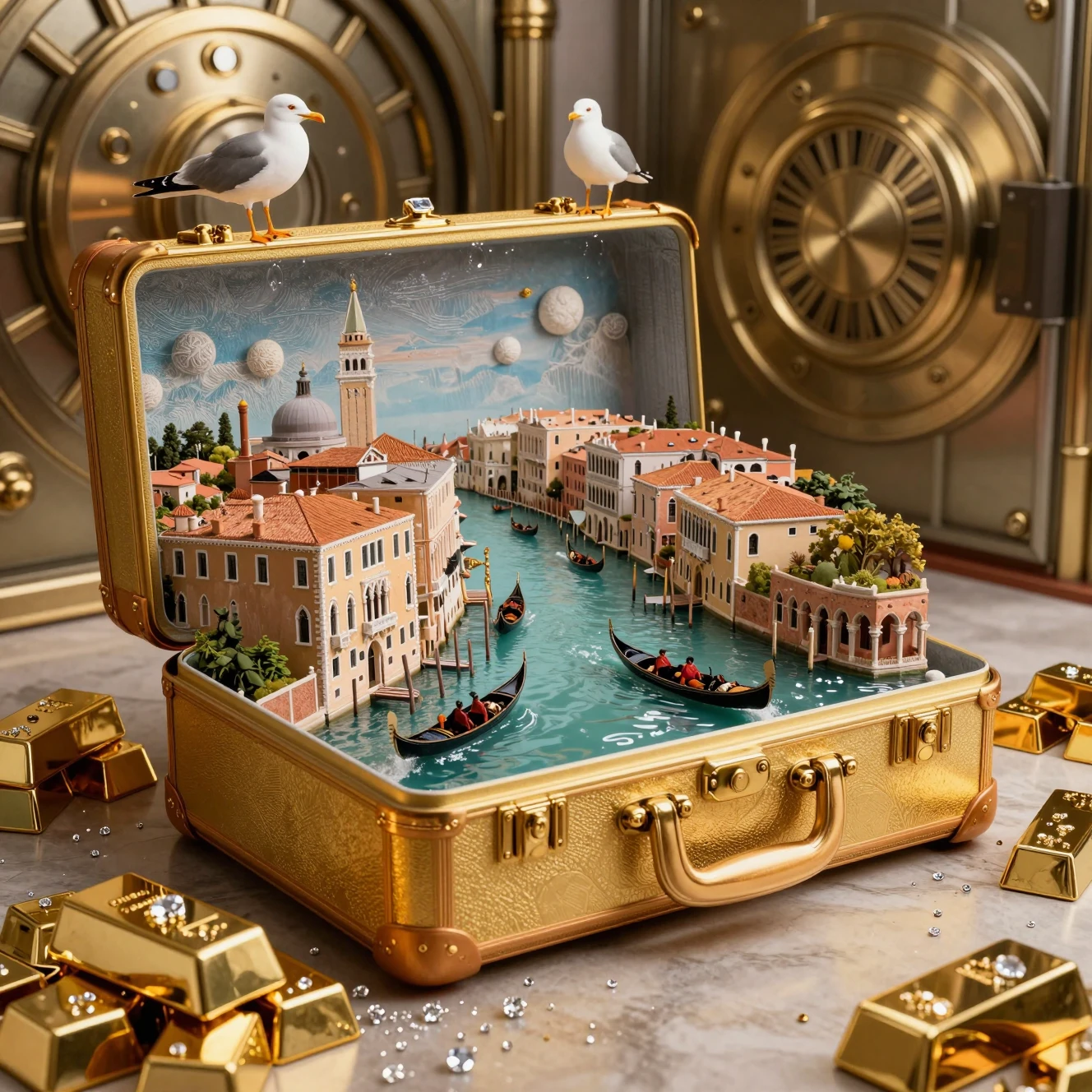 Goldkoffer mit surrealem Miniatur-Venedig im Banktresor