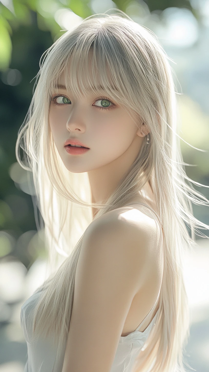Elegant anime woman standing outdoors in sunlight