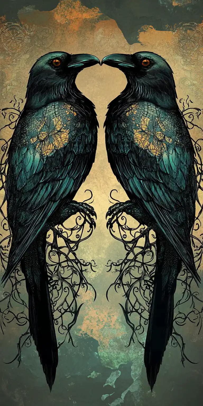 Two Gothic Ravens In Symmetrical Dark Fantasy Illustration