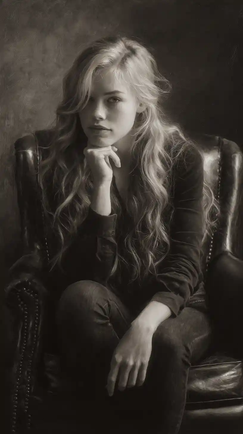 Thoughtful woman on antique armchair in moody monochrome portrait