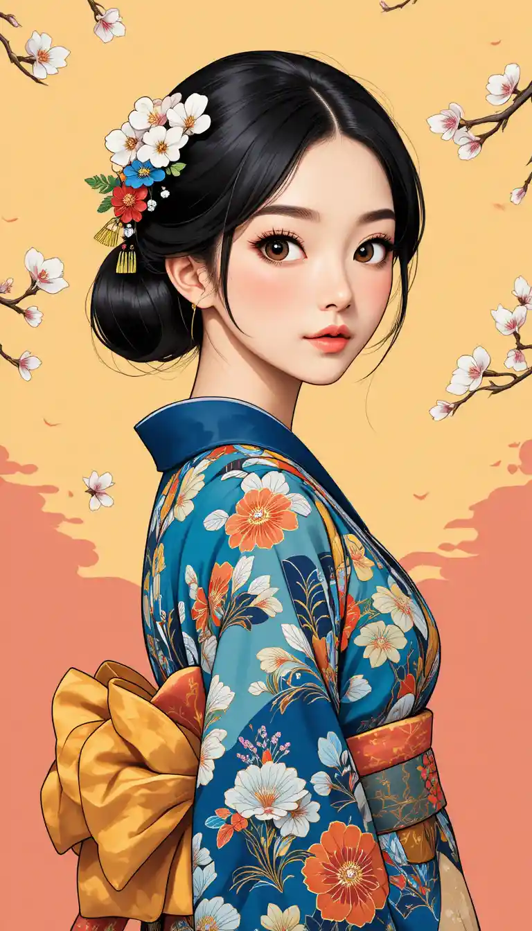 Ragazza anime in kimono floreale davanti a ciliegi in toni pastello