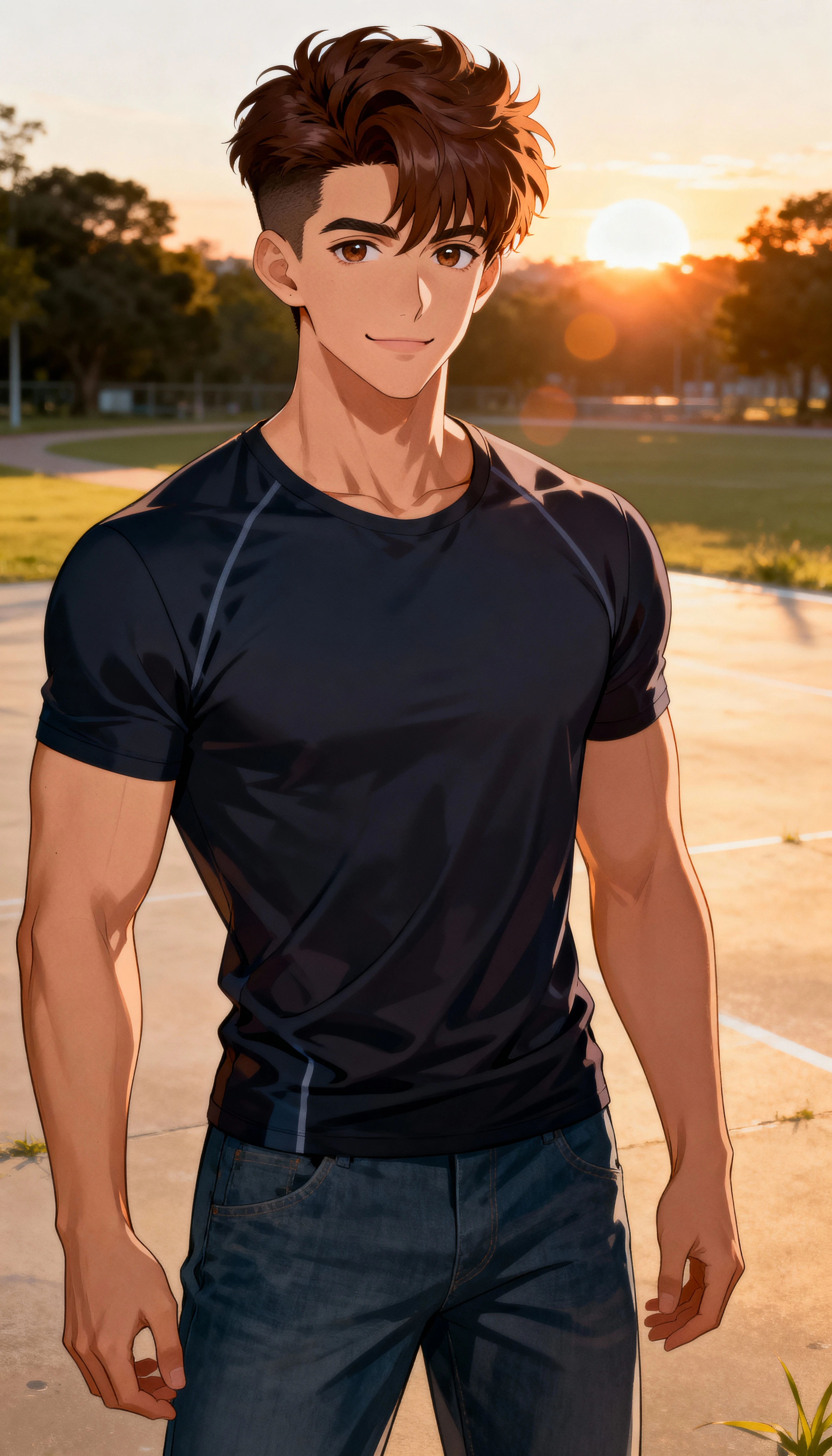 Hombre de anime confiado al atardecer con vista de cuerpo completo al aire libre