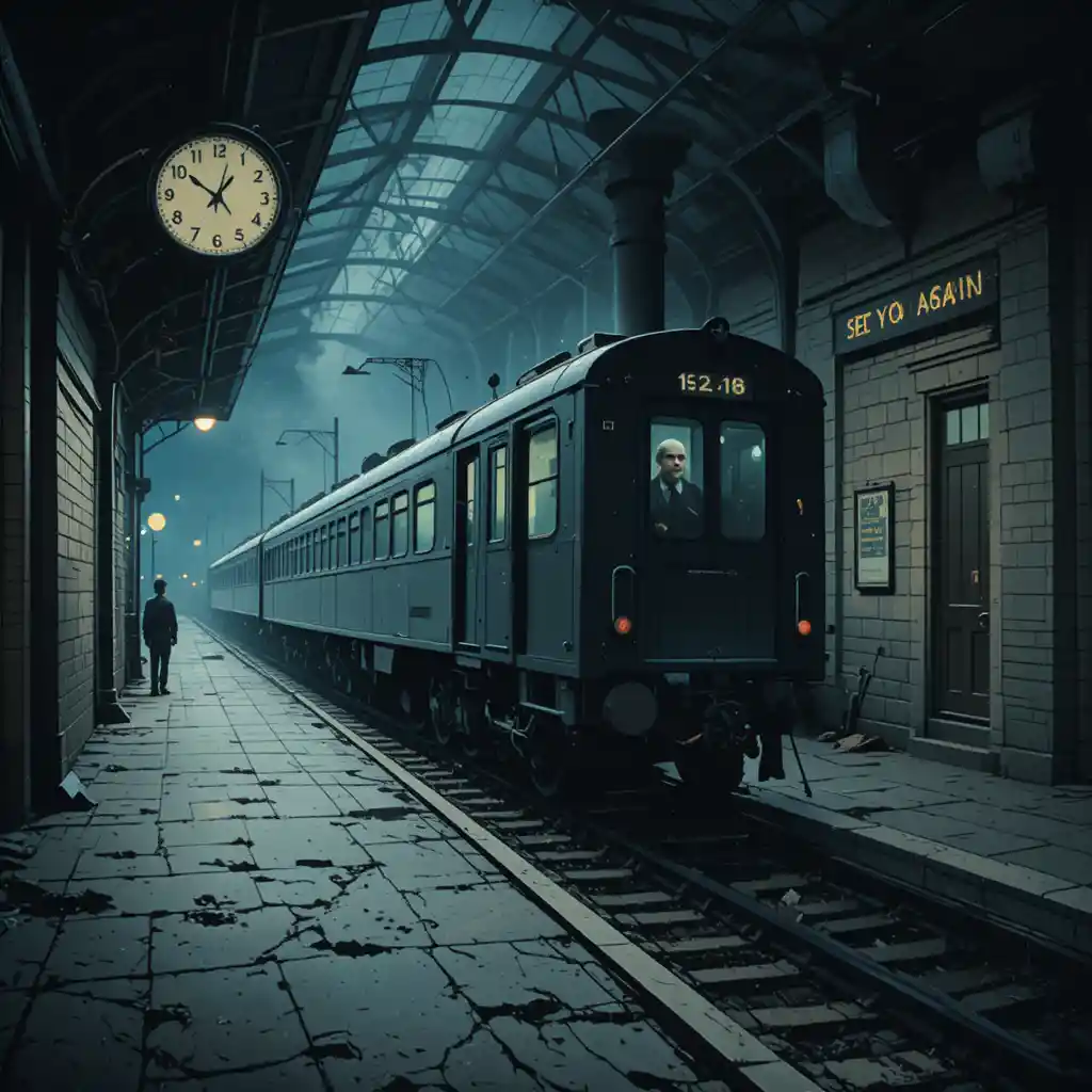 Midnight train rushing through an abandoned old station