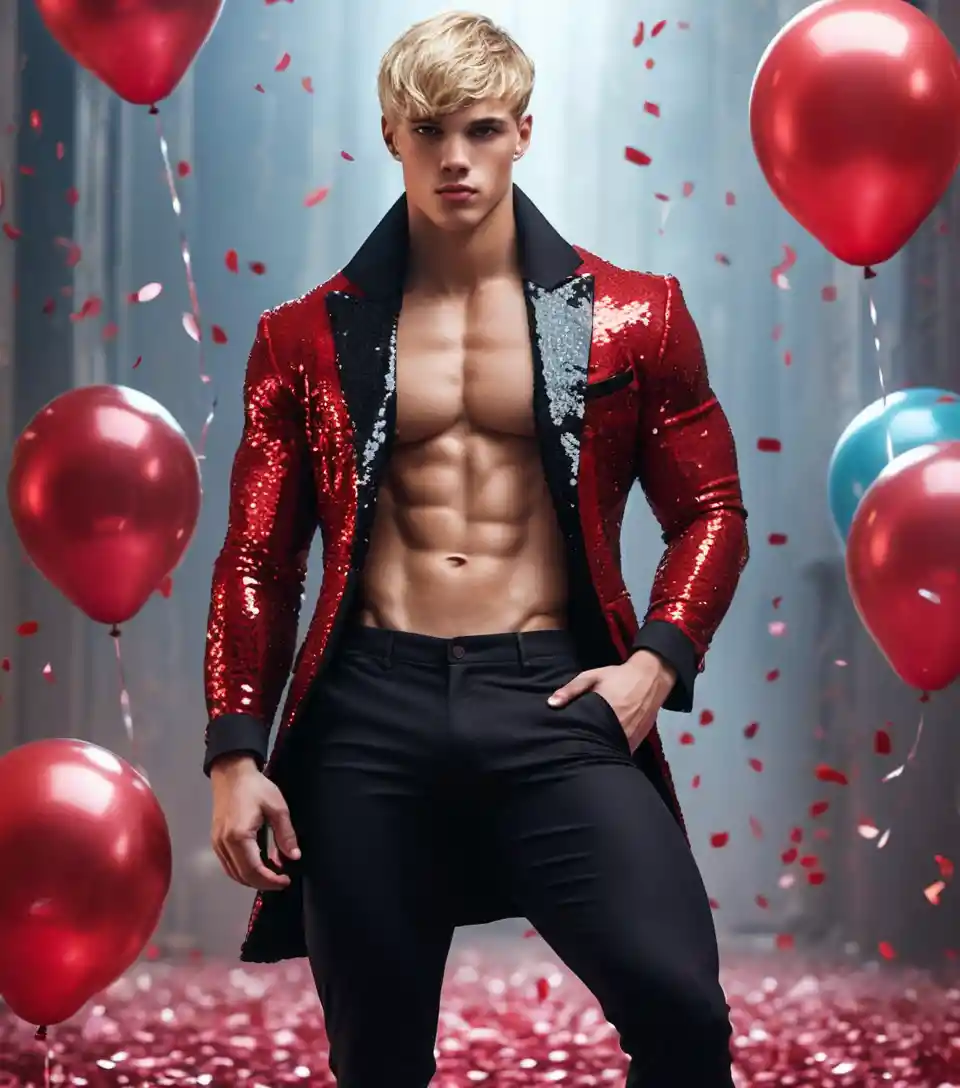 Blond young man in sequined suit at valentine party