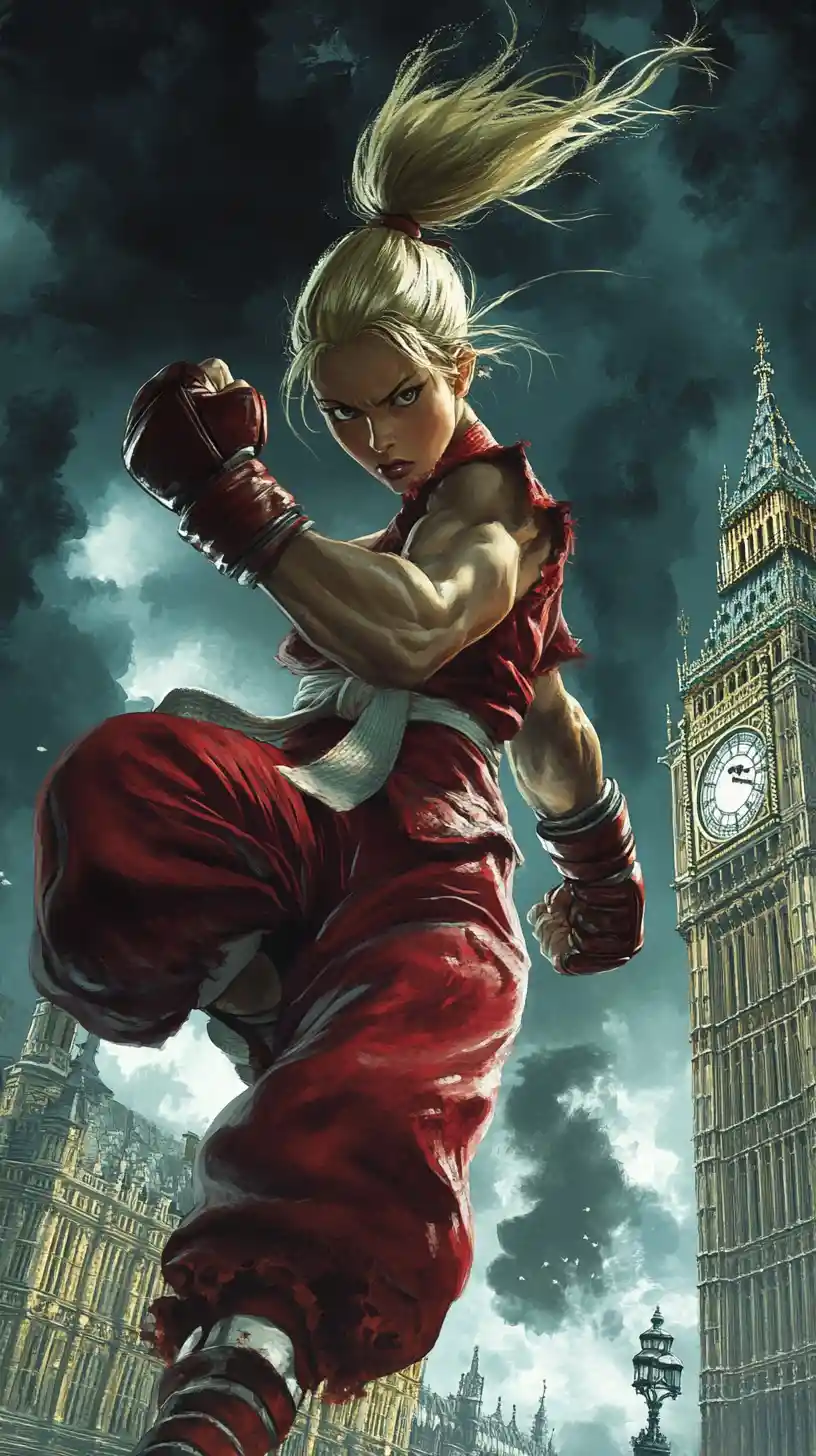 Martial artist woman posing in front of cloudy London skyline