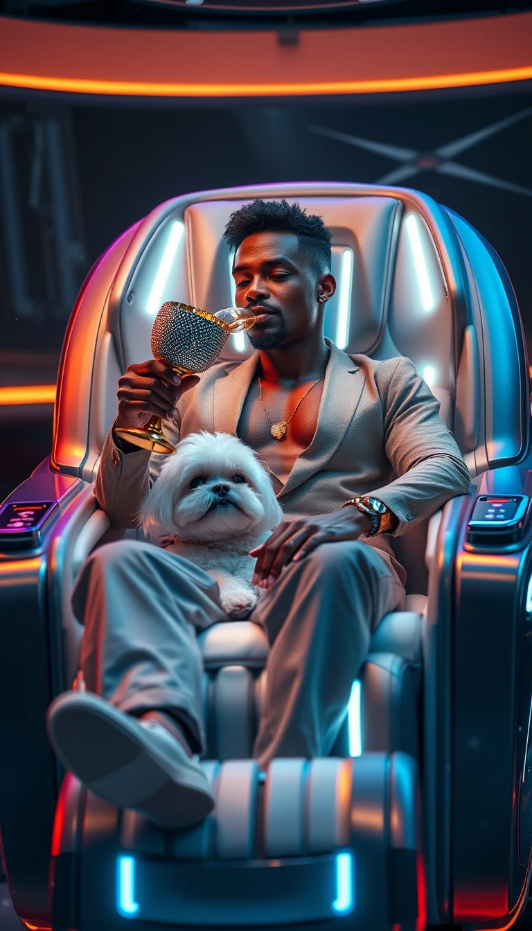 Afrofuturistischer Mann entspannt in einem luxuriösen futuristischen Sessel