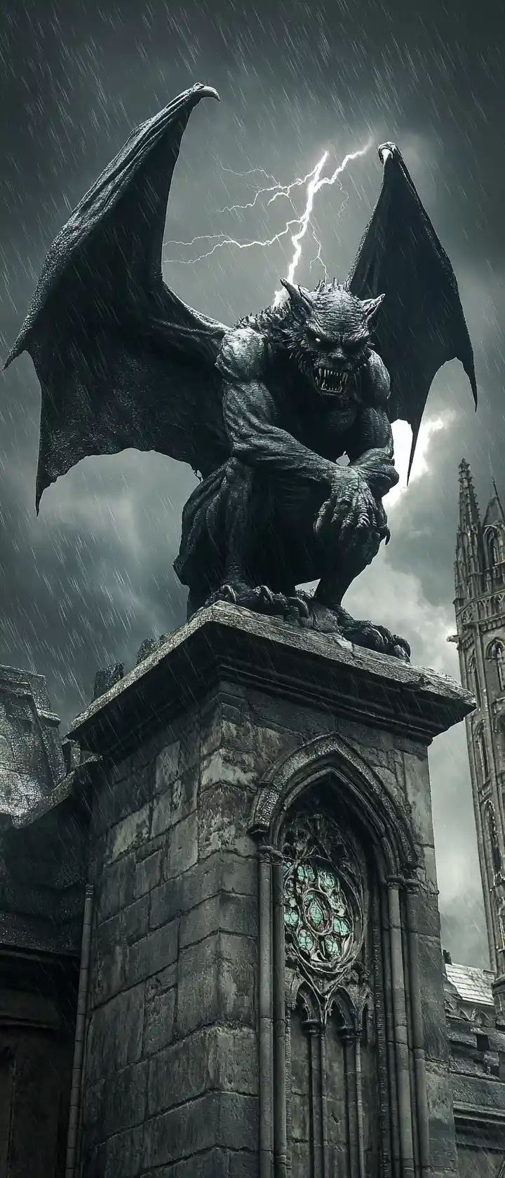 Primo Piano di Gargoyle su Cattedrale Gotica Fatiscente di Notte