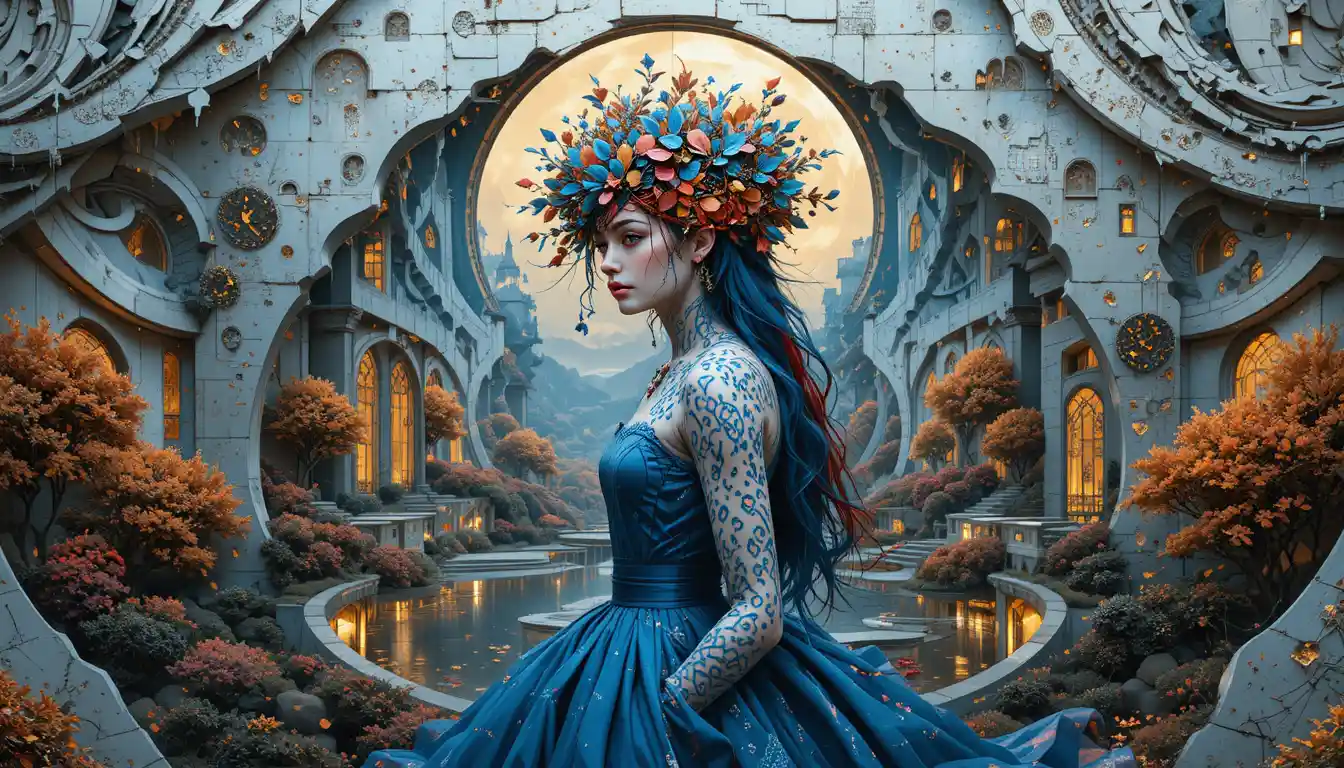 Blue haired pin up woman in gothic dress under moonlight