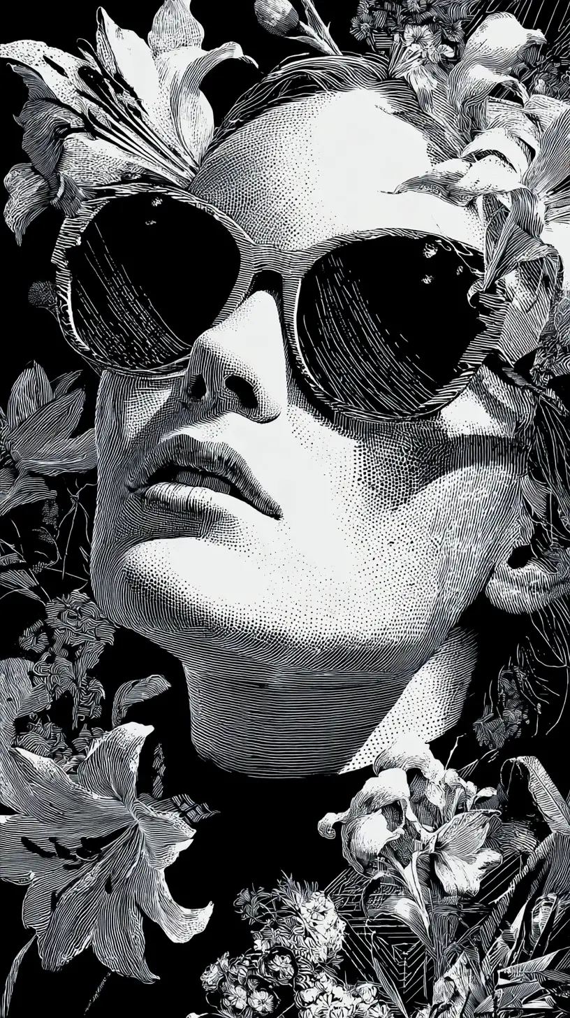 Surreal woman in sunglasses with flowers in monochrome portrait