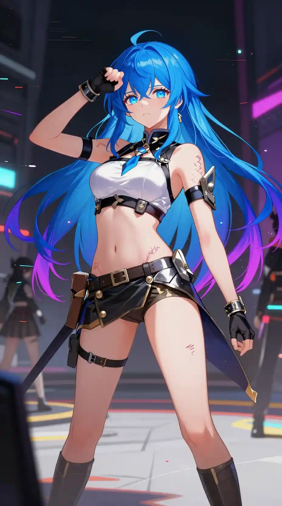 Young anime woman posing nervously in public space