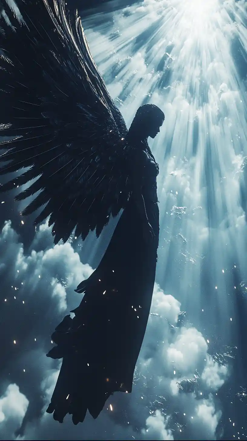 Winged ebony angel in dramatic backlight above clouds