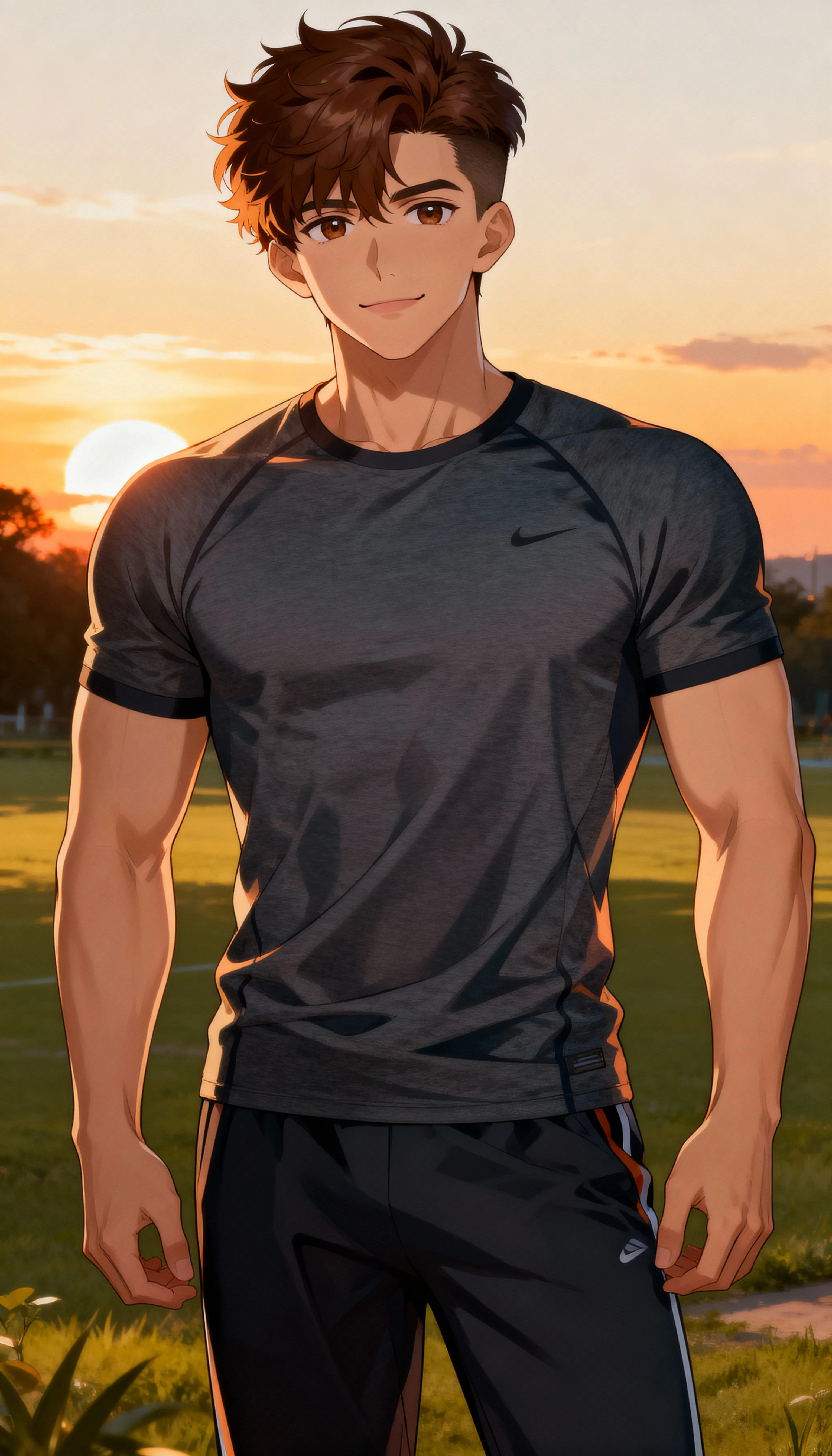 Hombre de anime confiado de pie al aire libre al cálido atardecer