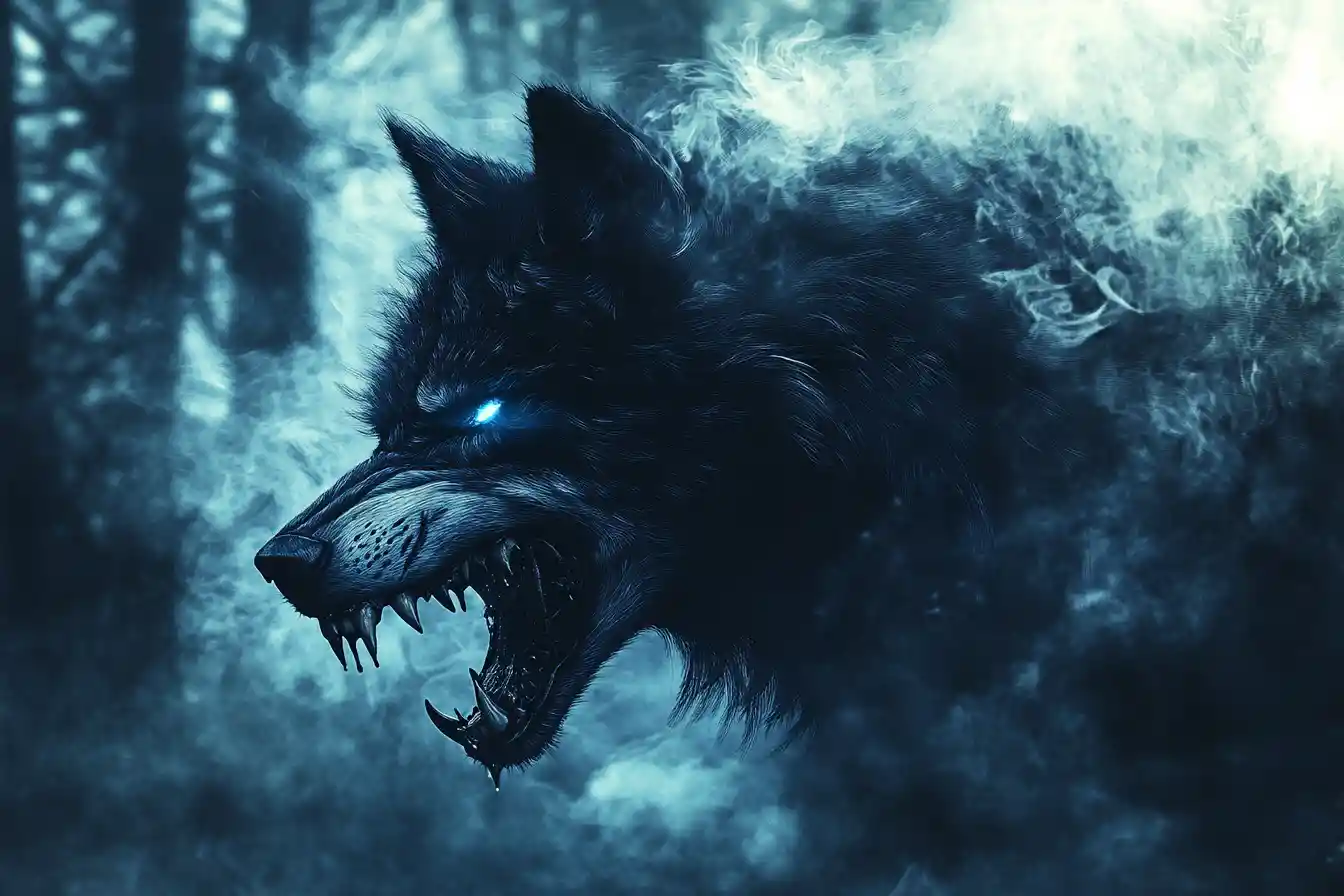 Howling wolf at the edge of a moonlit forest