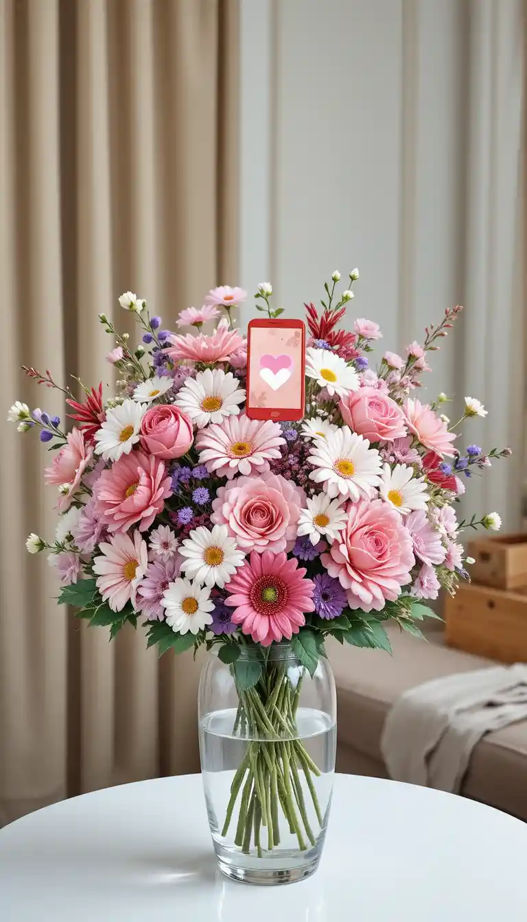Aquarell-Blumenstrauß in Glasvase auf weißem Tisch