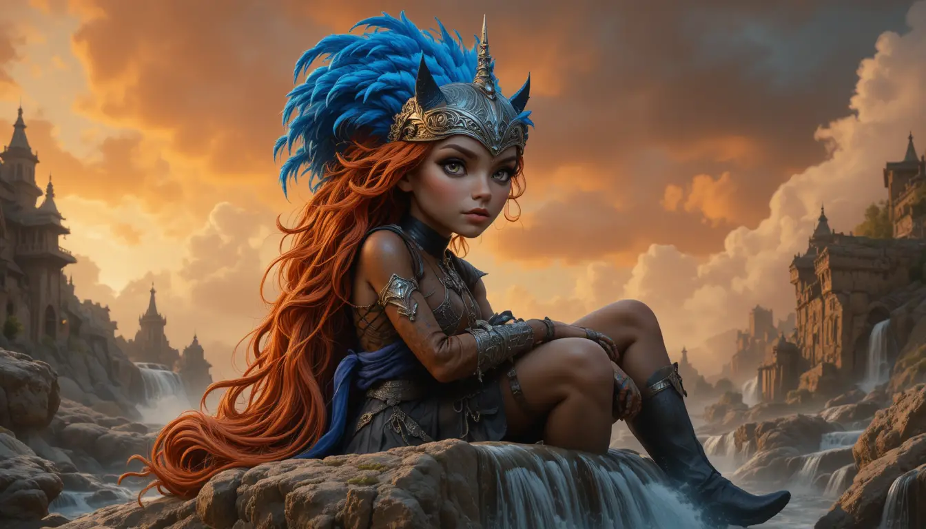 Fiery haired centaur woman by a misty rocky waterfall