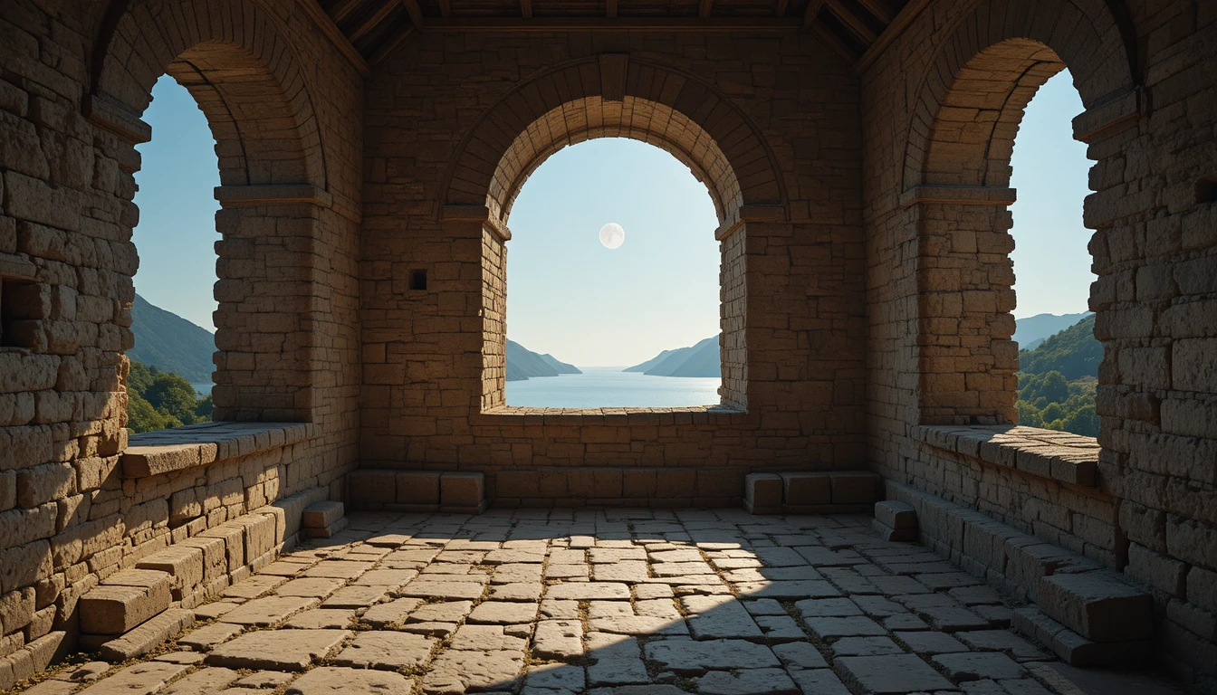 Vue intérieure d’un château vers l’eau à travers de grandes fenêtres en arc