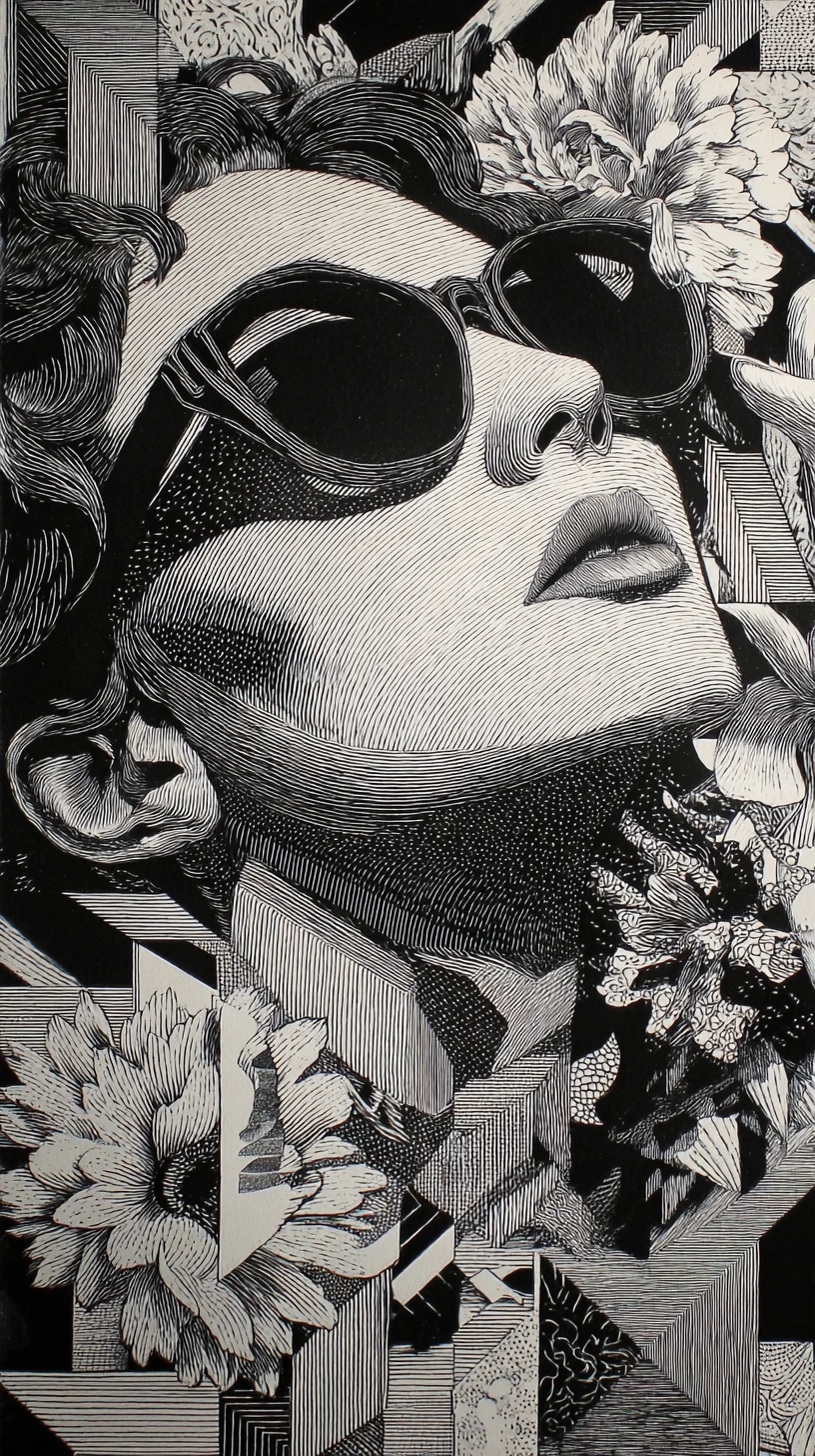 Mujer con flores y gafas de sol en retrato surrealista en blanco y negro