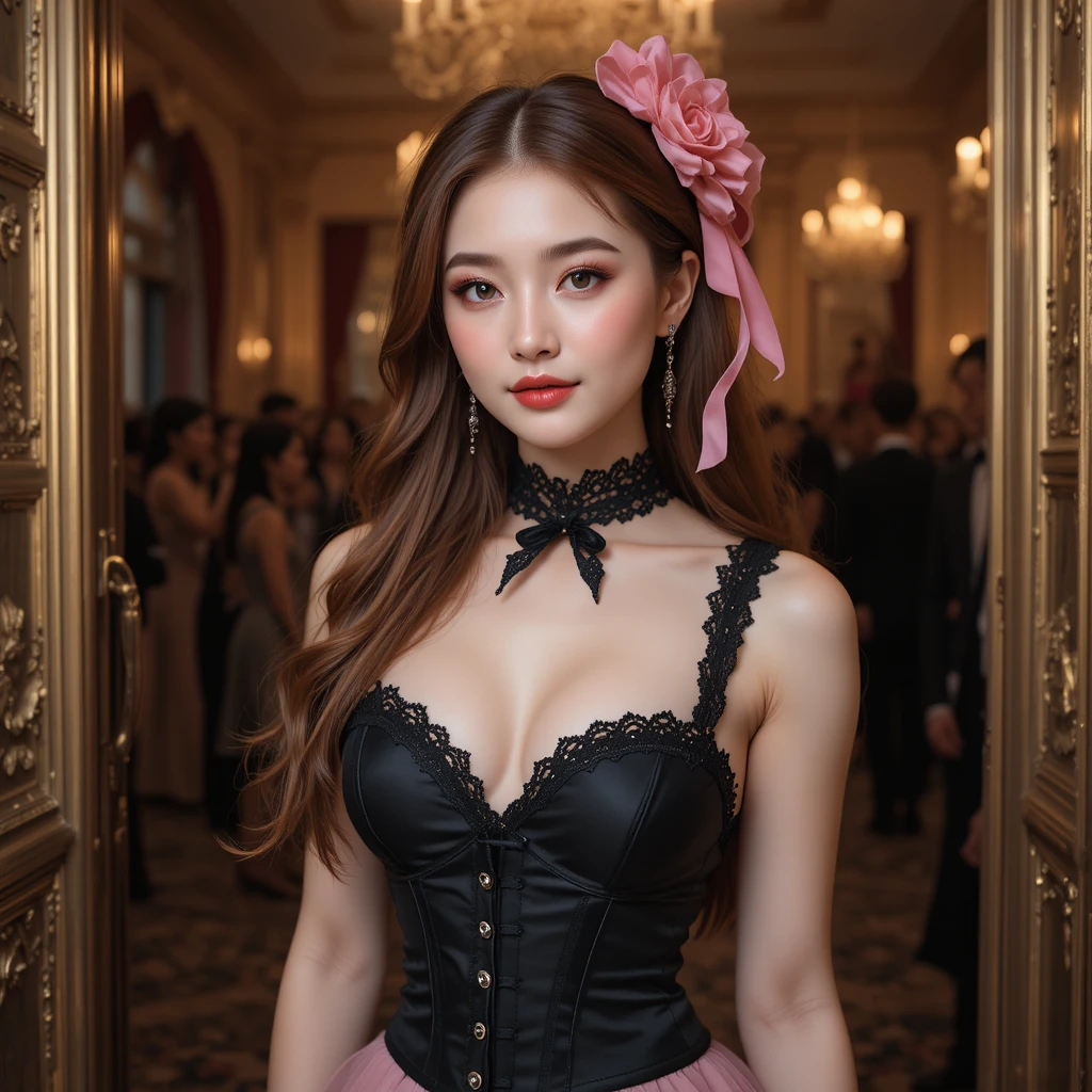 Korean woman in gothic rose couture at Parisian ballroom entrance
