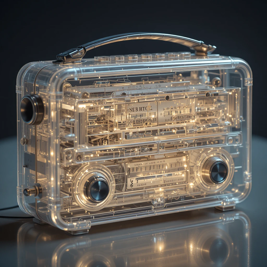 Transparent vintage transistor radio with glowing inner melodies