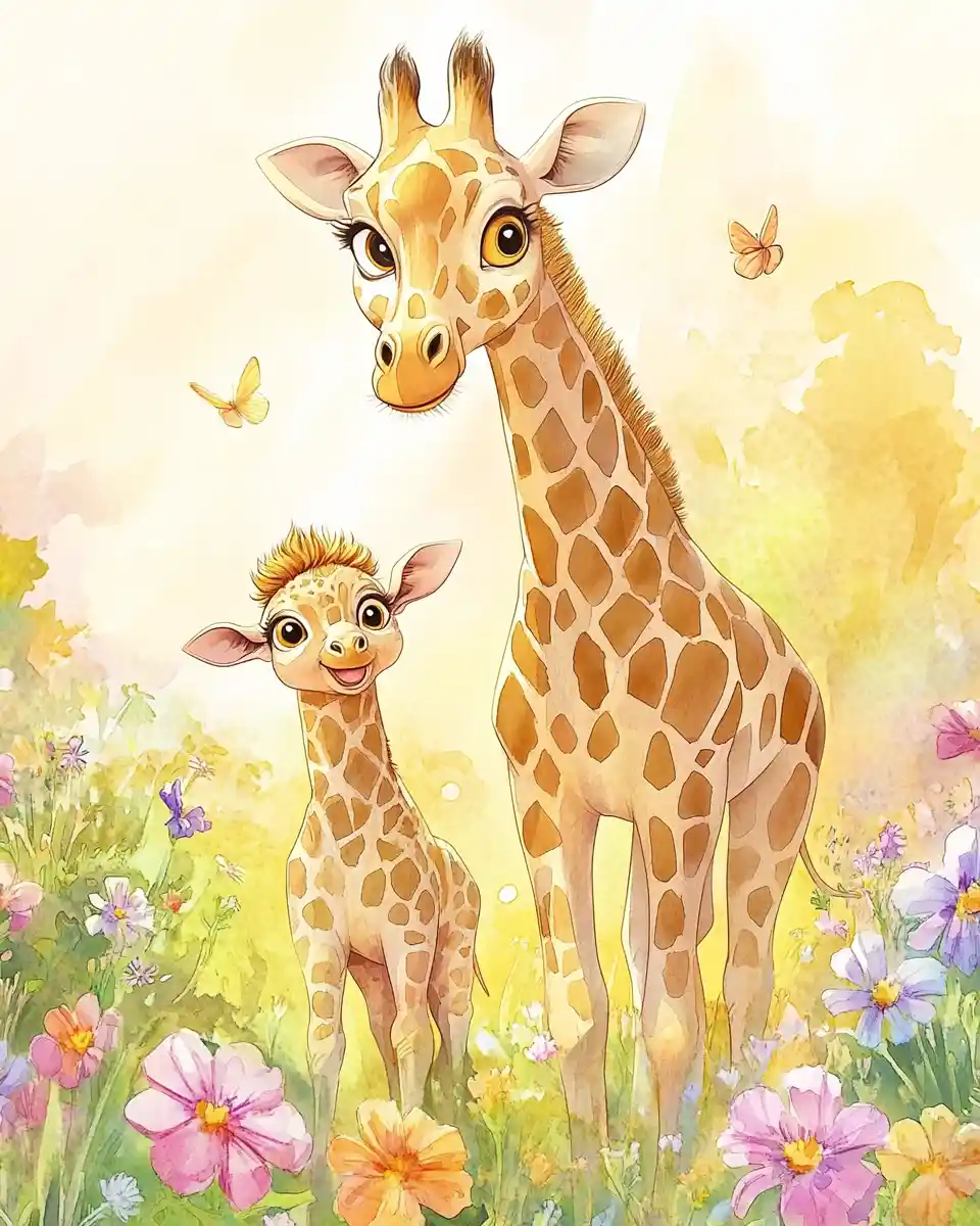 Mother and baby giraffe in a sunny watercolor meadow