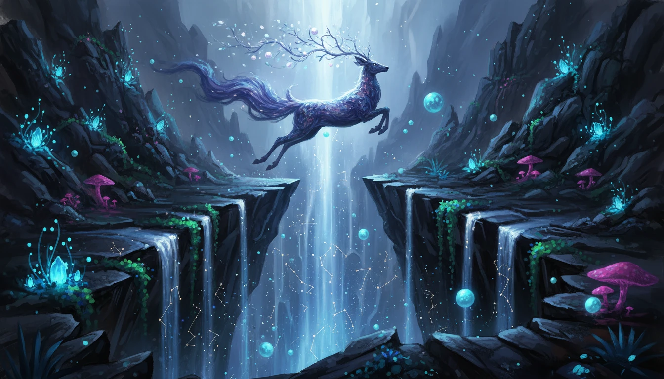 Mystical Deer Leaping Across a Luminous Obsidian Canyon