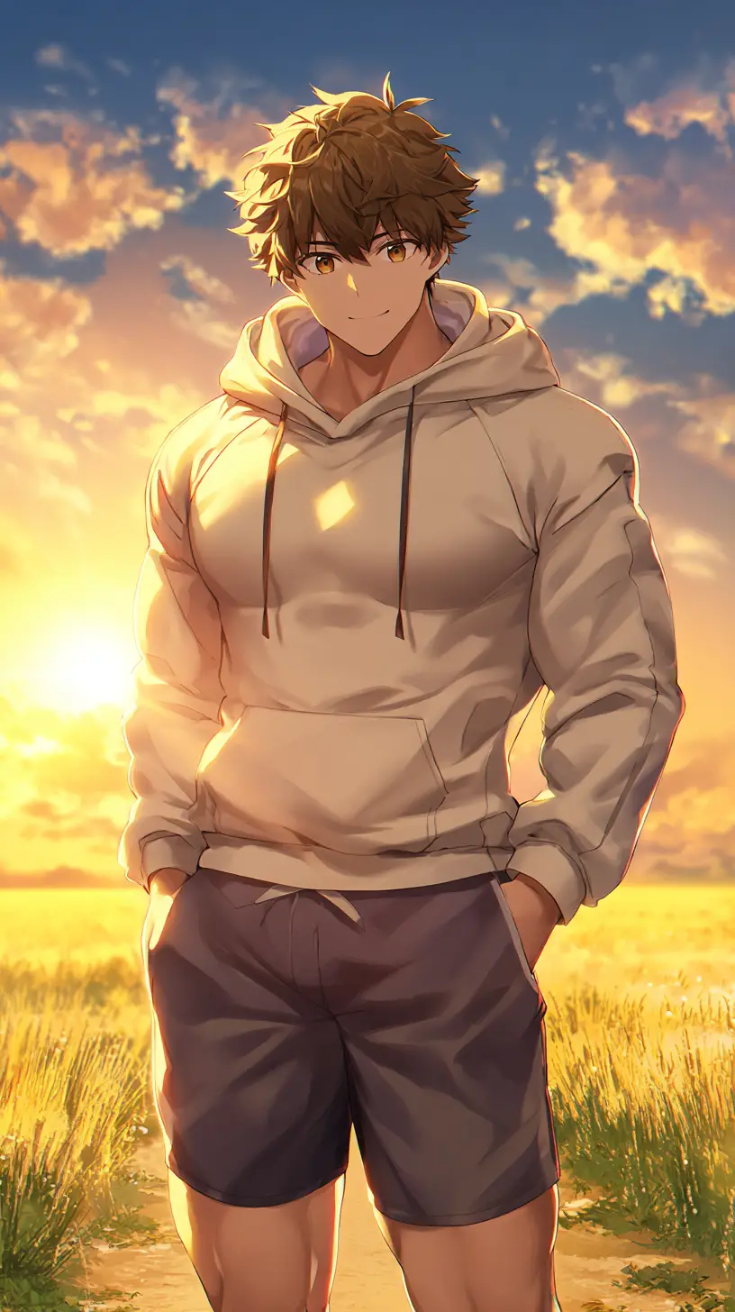 Joven atlético al atardecer cálido en estilo anime