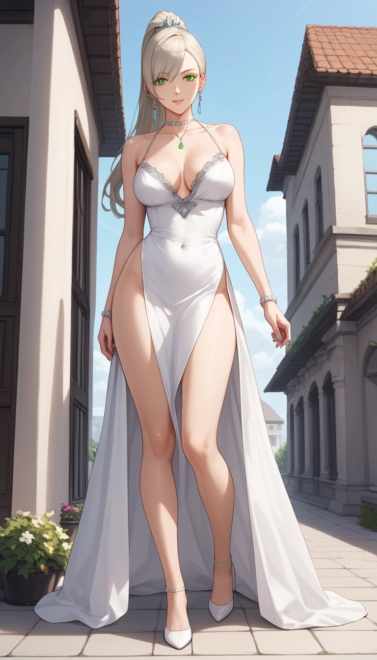 Elegant anime woman standing in sunny outdoor scene