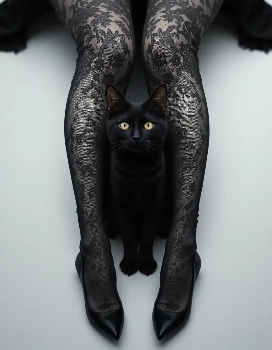 Schwarze Katze zwischen Spitzen-behüllten Beinen in Schwarz-Weiß