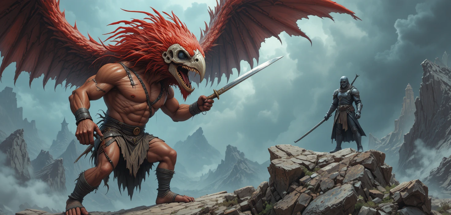 Guerrero musculoso con taparrabos luchando contra ave gigante de plumas rojas