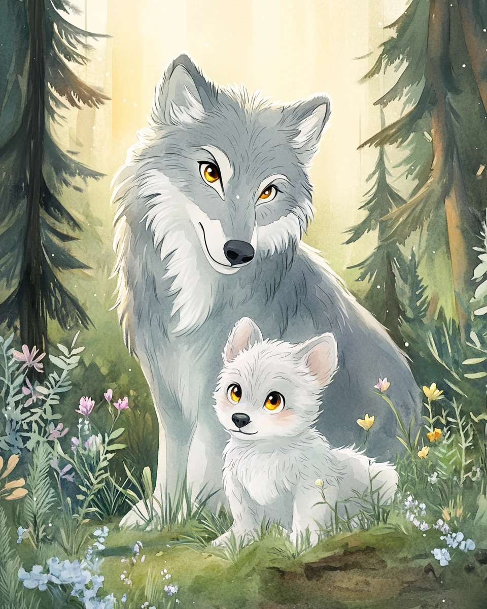 Watercolor gray wolf mother and pup in forest clearing