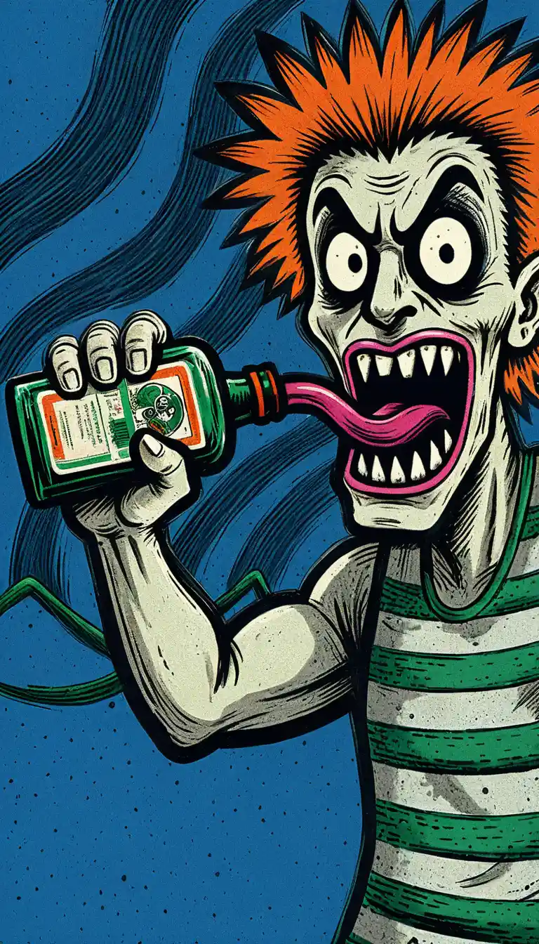 Melancholic digital illustration with a lone liqueur bottle