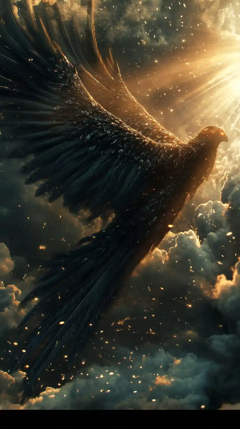 Ebony angel in clouds with dramatic backlight rays