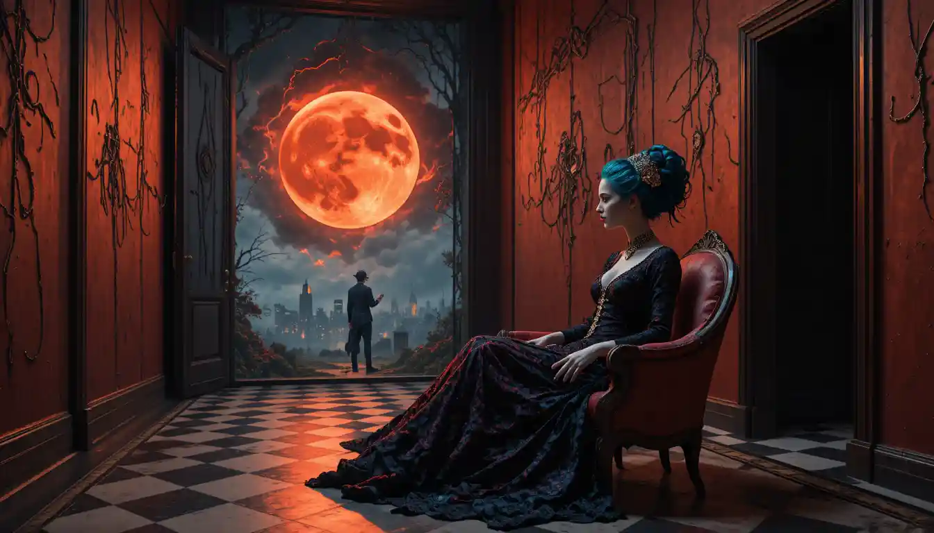 Surreal hallway with checkered floor and distant watching eye