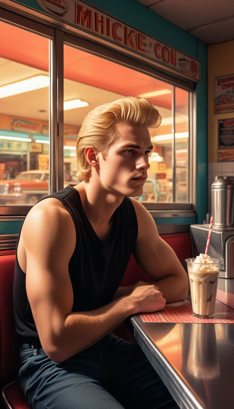 Young Man In Retro Diner With Milkshake At Night