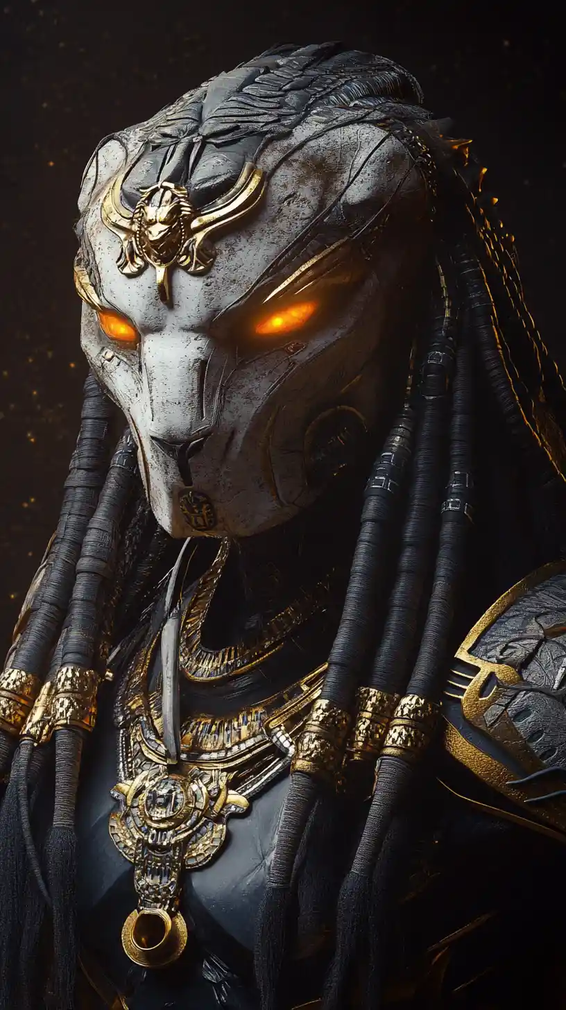 Ancient sci fi pharaoh warrior with glowing predator mask