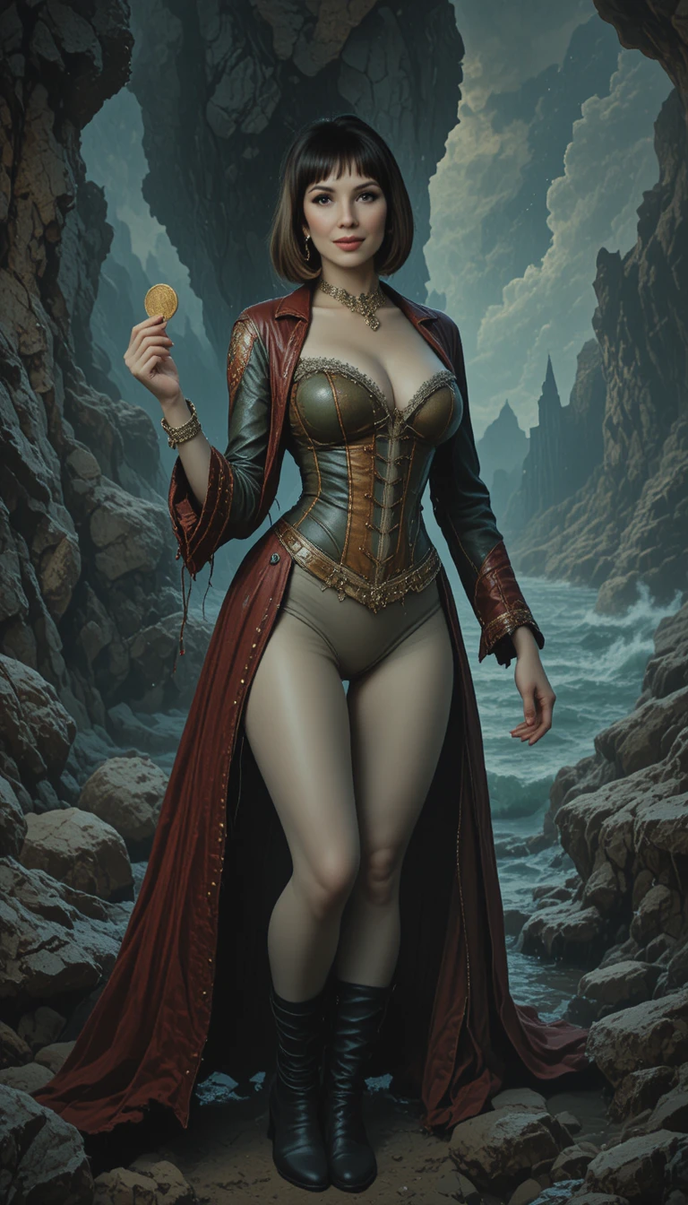 Ghostly pirate woman on a rocky shoreline holding a coin