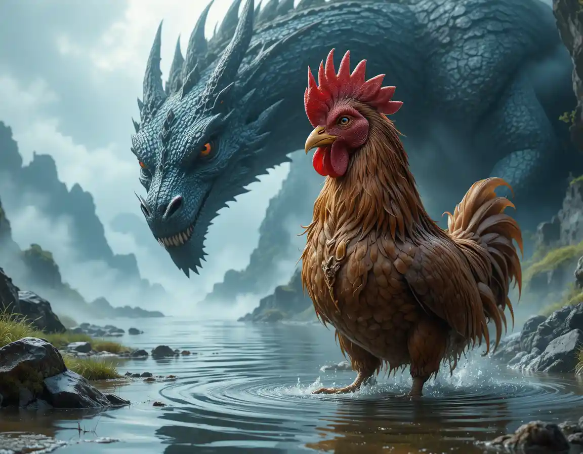 Hen faces dragon in a bright misty fantasy landscape