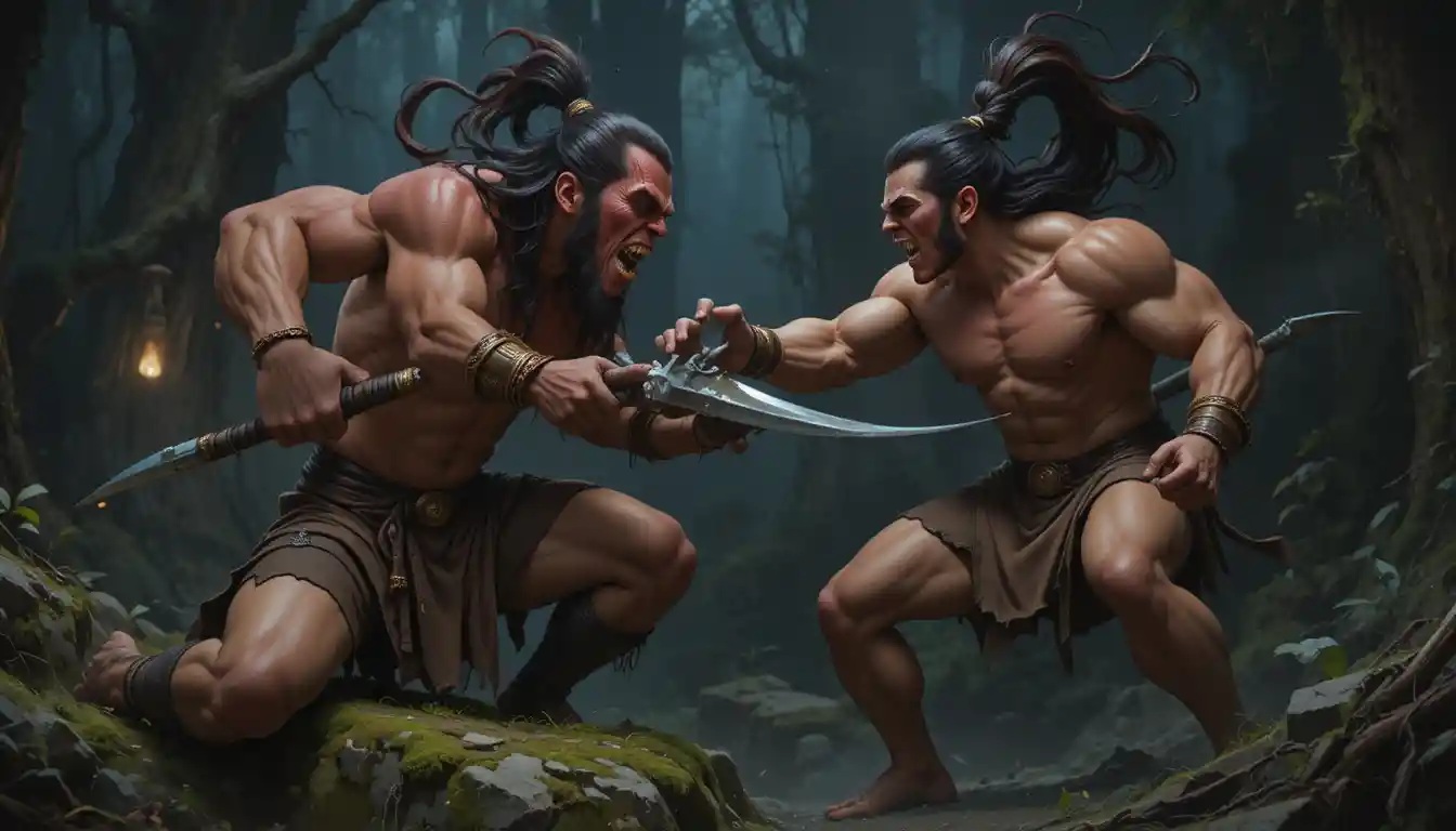 Muscular warrior facing demon woman in dark forest