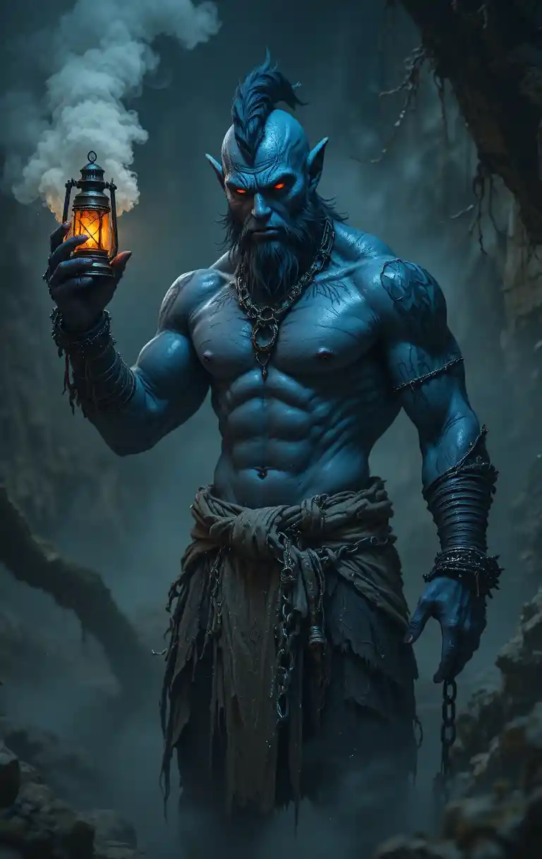 Criatura de genio azul musculoso sosteniendo una linterna brillante