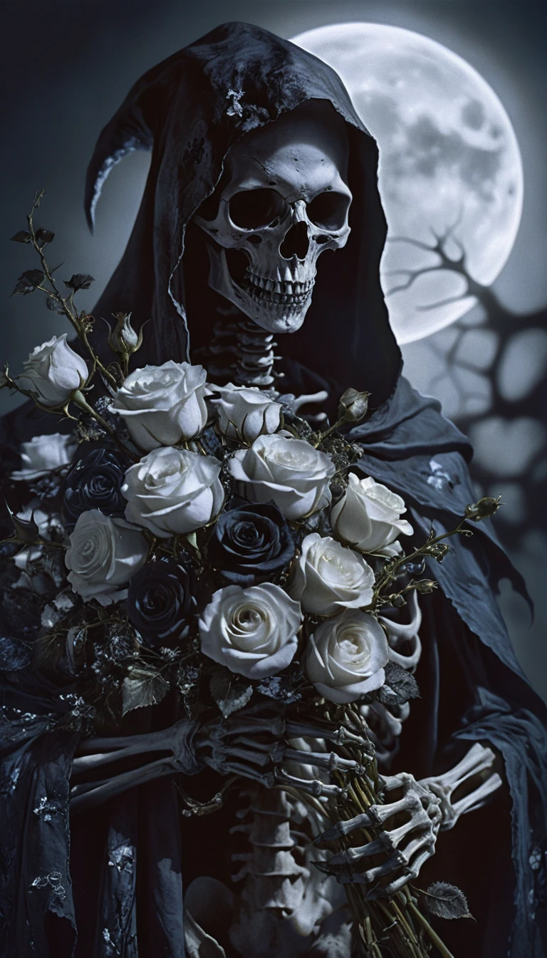 Grim Reaper Wrapped In Roses Under A Bright Full Moon