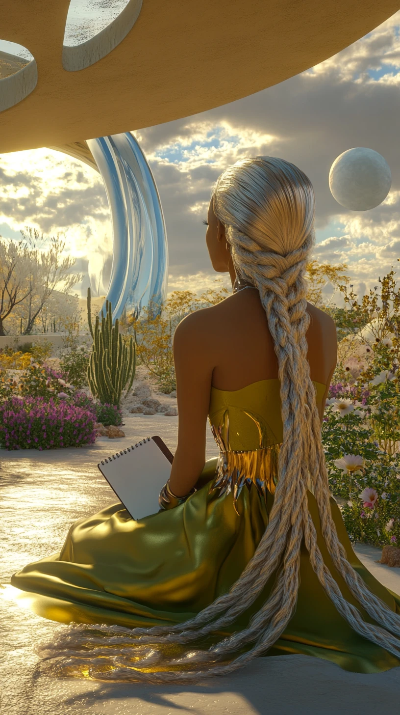 Femme afrofuturiste sur terrasse d’oasis dans le désert à l’heure dorée