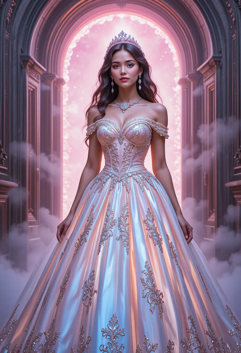 Joven con vestido de baile pastel brillante ante un portal mágico
